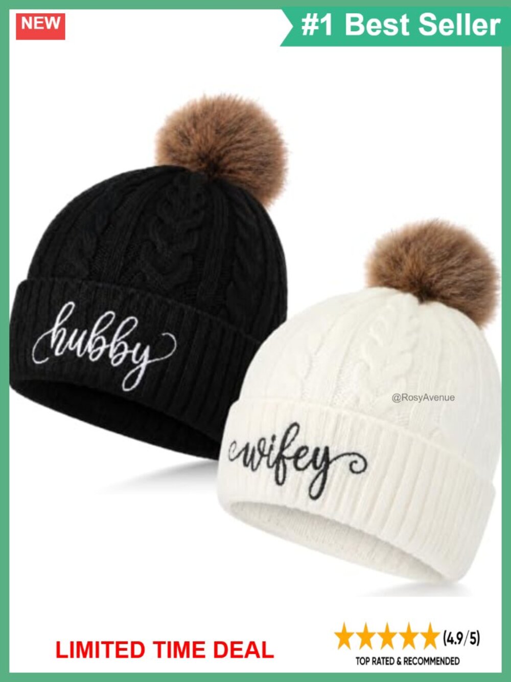 2 Pc Couples Wifey Hubby Wedding Beanie Set Acrylic Cable Knit Embroidered Hats
